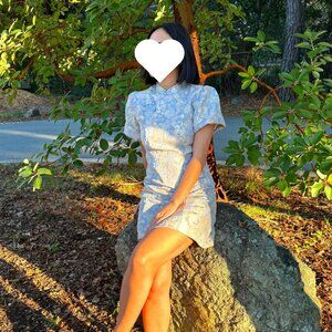 Short Blue Qipao with Puffy Sleeves